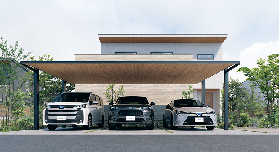 建物と調和するこだわりのフラットデザインに自然な質感をもつ木調色。 先進さにぬくもりをプラスしてエクステリア空間を引き立てます。　三協アルミ　車庫まわり　カーポート　モダン　おしゃれ　エクステリア　愛知・名古屋の外構専門店パートナーホームのエクステリア　製品一覧　FⅡ-RW（両側支持タイプ）|パートナーホーム