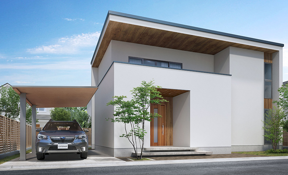 ライトカラーのシナモンエルムとサンシルバー色の組み合わせはナチュラルな空間とマッチします。　三協アルミ　車庫まわり　カーポート　モダン　おしゃれ　エクステリア　愛知・名古屋の外構専門店パートナーホームのエクステリア　製品一覧　FⅡ-RW（片側支持タイプ）|パートナーホーム