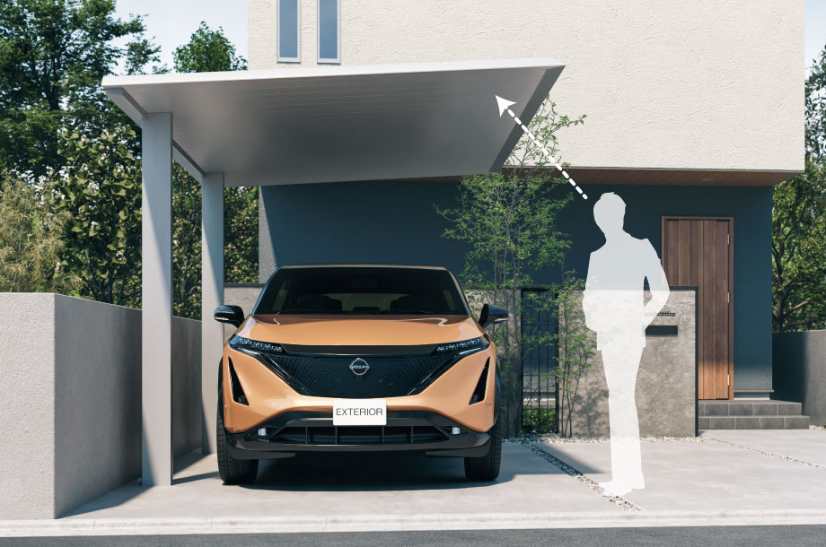 屋根の厚みを感じさせない破風デザイン 破風に角度をつけることで屋根の厚みを感じさせずにシャープな印象に見せる前枠形状です。　三協アルミ　車庫まわり　カーポート　モダン　おしゃれ　エクステリア　愛知・名古屋の外構専門店パートナーホームのエクステリア　製品一覧　FⅡ-RW（片側支持タイプ）|パートナーホーム