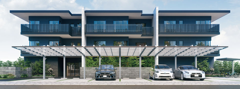 3台以上の駐車に対応できる連結タイプ。 最大7連結まで可能で、集合住宅から店舗などの大型物件まで幅広く設置できます。|パートナーホーム