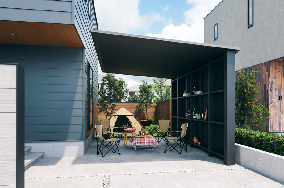 直射日光を遮り夏の暑さを軽減するので、趣味やくつろぎスペースとしてもお使いいただけます。 三協アルミ　車庫まわり　カーポート　モダン　おしゃれ　エクステリア　愛知・名古屋の外構専門店パートナーホームのエクステリア　製品一覧　FⅡ-RW（片側支持タイプ）|パートナーホーム