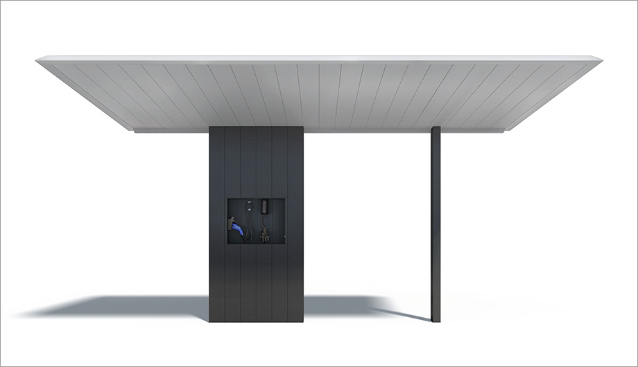 EVタイプ EV充電機能がほしい方に　三協アルミ　車庫まわり　カーポート　モダン　おしゃれ　エクステリア　愛知・名古屋の外構専門店パートナーホームのエクステリア　製品一覧　FⅡ-RW（片側支持EVユニットタイプ）|パートナーホーム