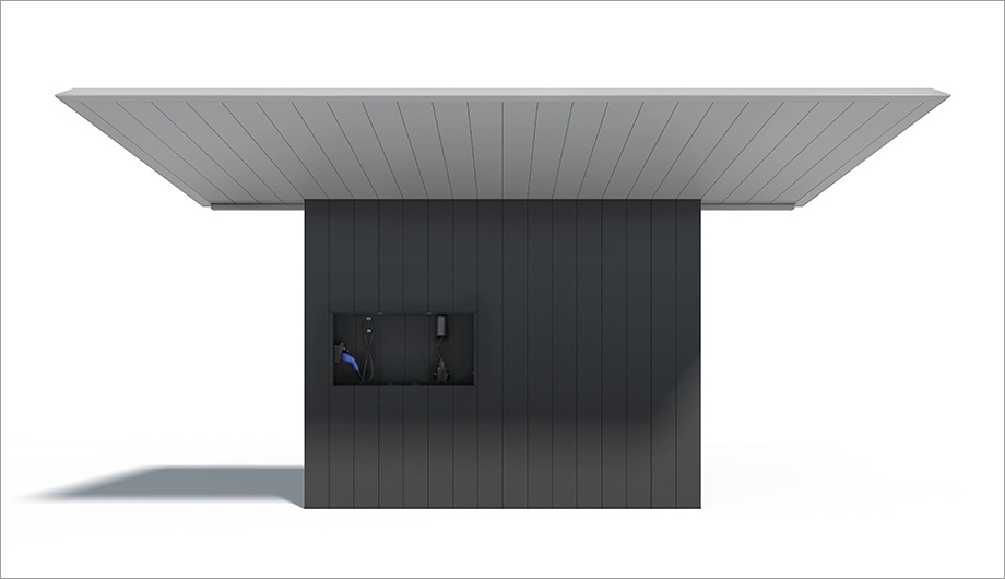 サイドスクリーン EVタイプ EV充電+サイドスクリーンがほしい方に　三協アルミ　車庫まわり　カーポート　モダン　おしゃれ　エクステリア　愛知・名古屋の外構専門店パートナーホームのエクステリア　製品一覧　FⅡ-RW（片側支持EVユニットタイプ）|パートナーホーム