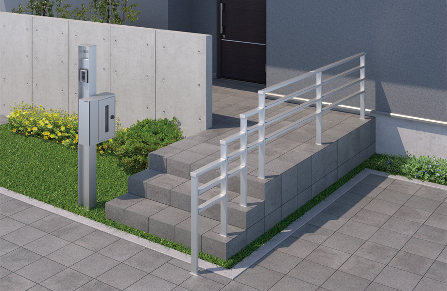 笠木の段差納まり 笠木の段差納まりに対応でき、提案の幅が広がります。　三協アルミ　門・フェンスまわり　目隠し　モダン　おしゃれ　エクステリア　愛知・名古屋の外構専門店パートナーホームのエクステリア　製品一覧　歩行者用補助手すり　ジーエムライン|パートナーホーム