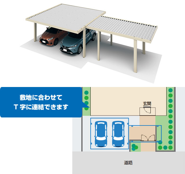 T字連結納まり ファサード空間+カースペースなど、外構プランに合わせて生活動線をカバーできます。 三協アルミ　車庫まわり　カーポート　モダン　おしゃれ　エクステリア　愛知・名古屋の外構専門店パートナーホームのエクステリア　製品一覧　カーポート　ビームス|パートナーホーム