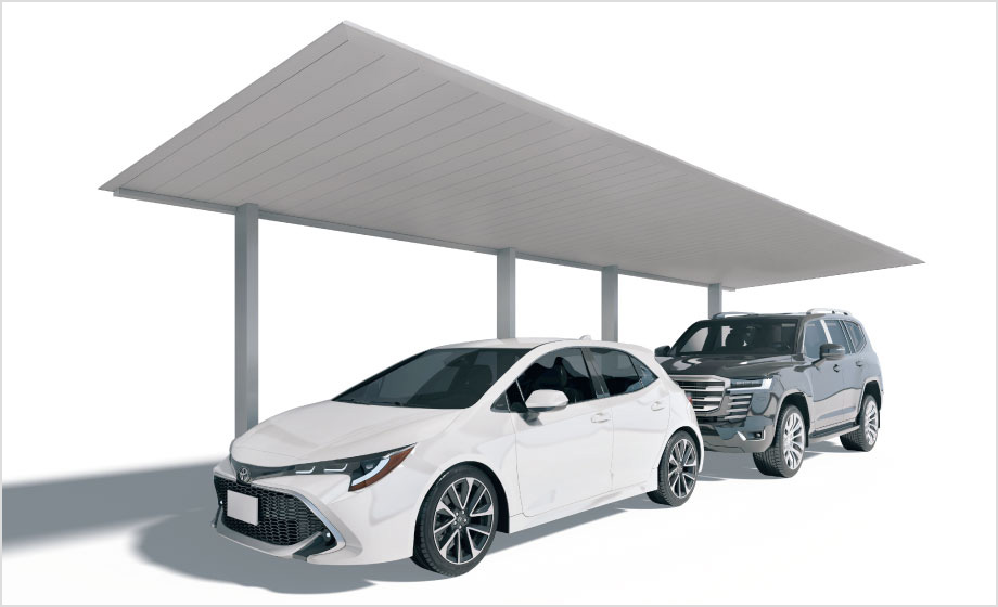 集合住宅・店舗にも使える奥行連結納まり 奥行連結納まりで複数駐車に対応できます。　三協アルミ　車庫まわり　カーポート　モダン　おしゃれ　エクステリア　愛知・名古屋の外構専門店パートナーホームのエクステリア　製品一覧　FⅡ-RW（片側支持タイプ）|パートナーホーム