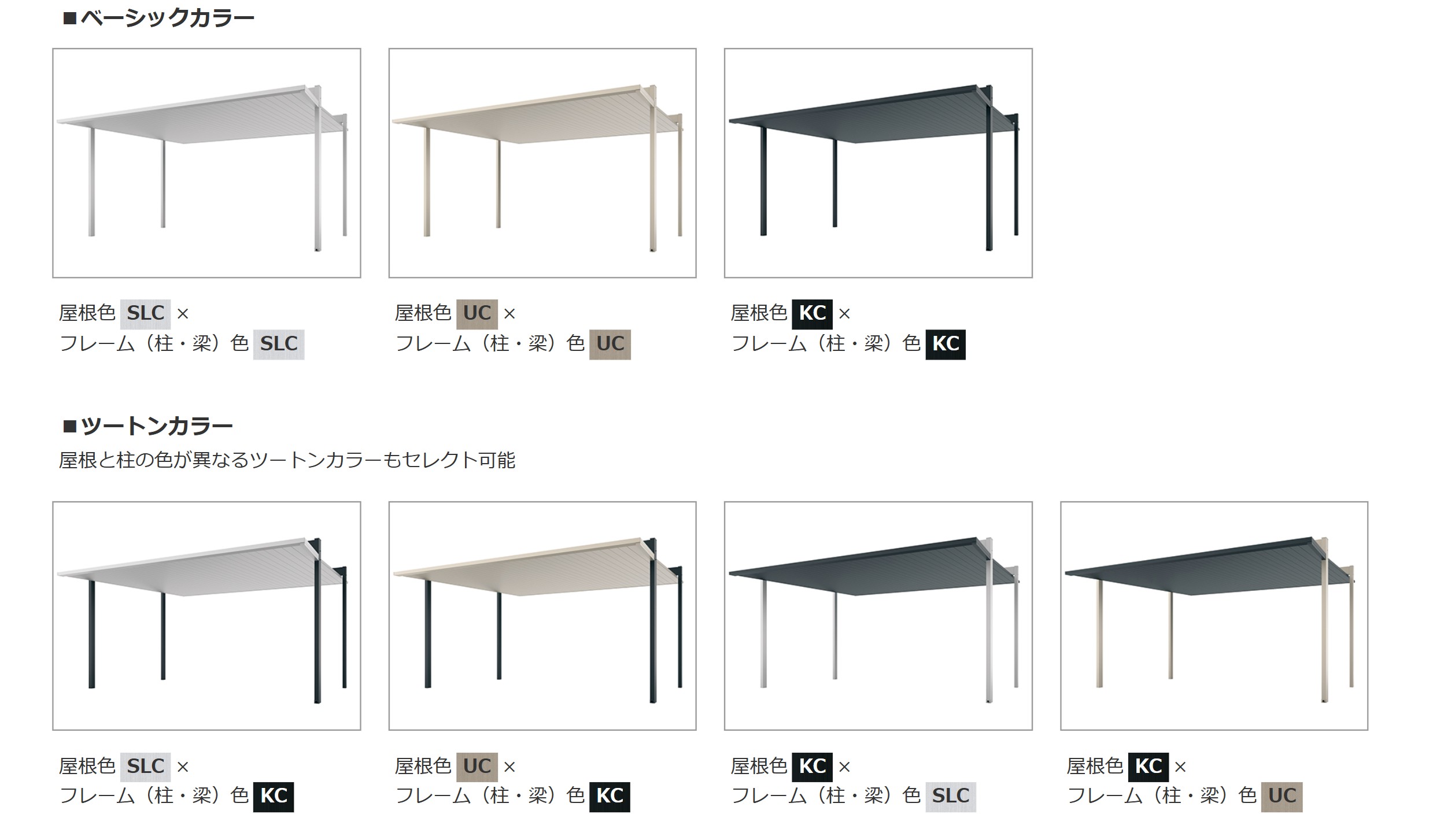 形材色　カラーバリエーション　屋根と柱の色が異なるツートンカラーもセレクト可能　　三協アルミ　車庫まわり　カーポート　モダン　おしゃれ　エクステリア　愛知・名古屋の外構専門店パートナーホームのエクステリア　製品一覧　FⅡ-RW（両側支持タイプ）|パートナーホーム