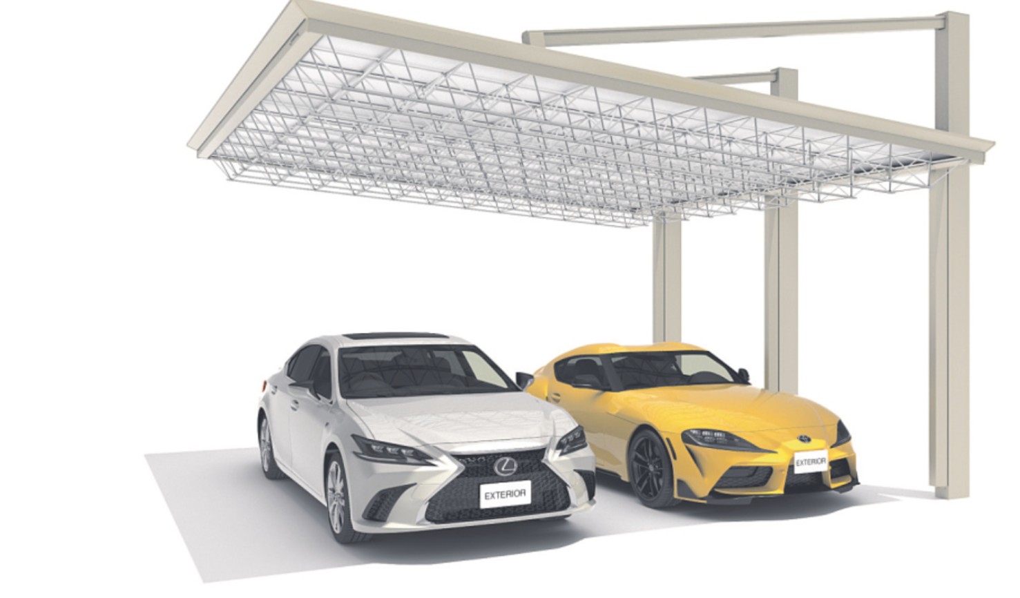 ワイドな横向き使い 片側にしか柱がないため、横向き配置の２台駐車用としても使用可能です。 三協アルミ　車庫まわり　カーポート　モダン　おしゃれ　エクステリア　愛知・名古屋の外構専門店パートナーホームのエクステリア　製品一覧　カーポート　M.シェードⅡ上吊りタイプ|パートナーホーム