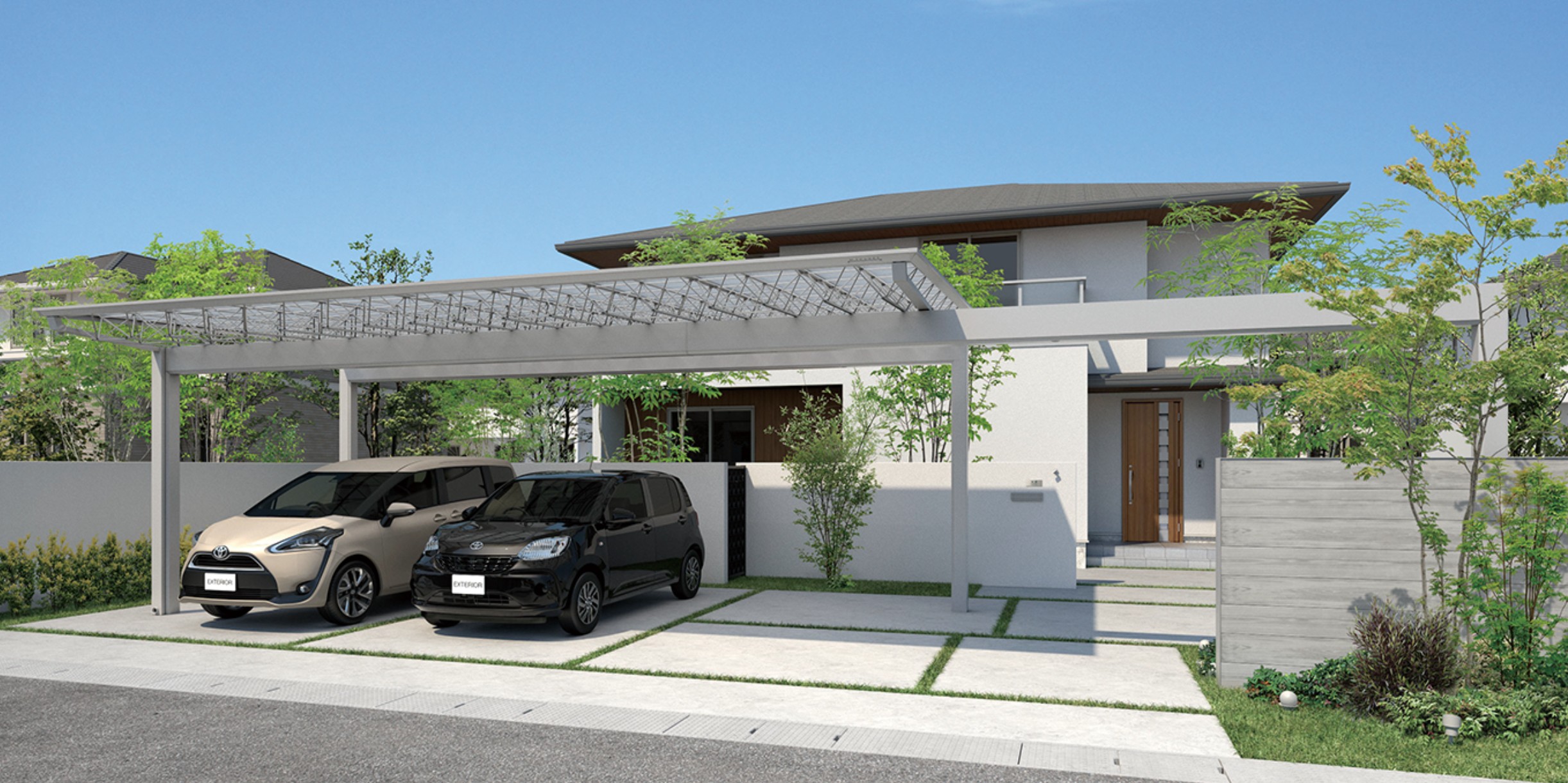 細部の深化が、空間に奥行きを与える。 M.シェードⅡを、より美しい空間を作り出す存在とするために、従来品の細部の見直しを行いました。 整えられたデザインは研ぎ澄まされた空気を纏い、深みのある空間を提供します。　三協アルミ　車庫まわり　カーポート　モダン　おしゃれ　エクステリア　愛知・名古屋の外構専門店パートナーホームのエクステリア　製品一覧　カーポート　M.シェードⅡ　梁置きタイプ|パートナーホーム