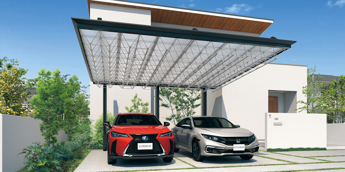 意匠と機能を両立させた大胆なフォルム 心奪われるようなこのフォルムが持つのは、見た目の美しさだけではありません。 手前に柱がないことによる使いやすさなどの機能的側面も兼ね備えており、暮らしやすさに貢献します。　三協アルミ　車庫まわり　カーポート　モダン　おしゃれ　エクステリア　愛知・名古屋の外構専門店パートナーホームのエクステリア　製品一覧　カーポート　M.シェードⅡ上吊りタイプ|パートナーホーム