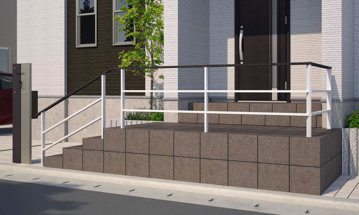 埋め込み支柱 ビターグレイン（HG）・ホワイト（WH）／埋め込み支柱／横桟取り付け仕様　三協アルミ　門・フェンスまわり　目隠し　モダン　おしゃれ　エクステリア　愛知・名古屋の外構専門店パートナーホームのエクステリア　製品一覧　歩行者用補助手すり　ジーエムライン|パートナーホーム