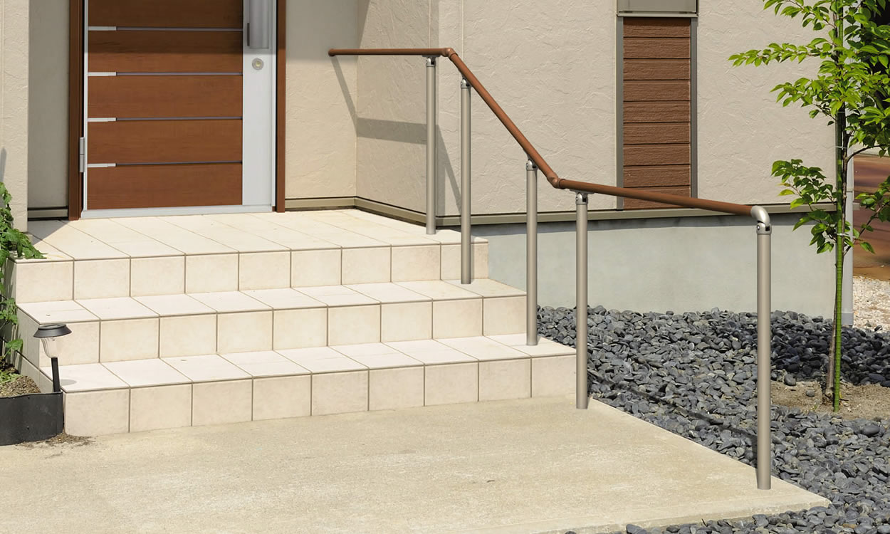 エトランポS2型　上部笠木納まり オレンジチェリー・アーバングレー／埋め込み支柱タイプ　三協アルミ　玄関アプローチ　門・フェンスまわり　モダン　おしゃれ　エクステリア　愛知・名古屋の外構専門店パートナーホームのエクステリア　製品一覧　歩行者用補助手すり　エトランポS・エトランポU|パートナーホーム