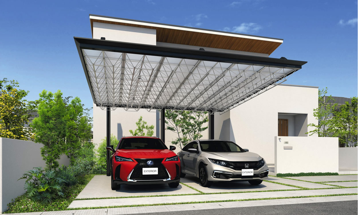 三協アルミ　車庫まわり　カーポート　モダン　おしゃれ　エクステリア　愛知・名古屋の外構専門店パートナーホームのエクステリア　製品一覧　カーポート　M.シェードⅡ上吊りタイプ　施工イメージ|パートナーホーム