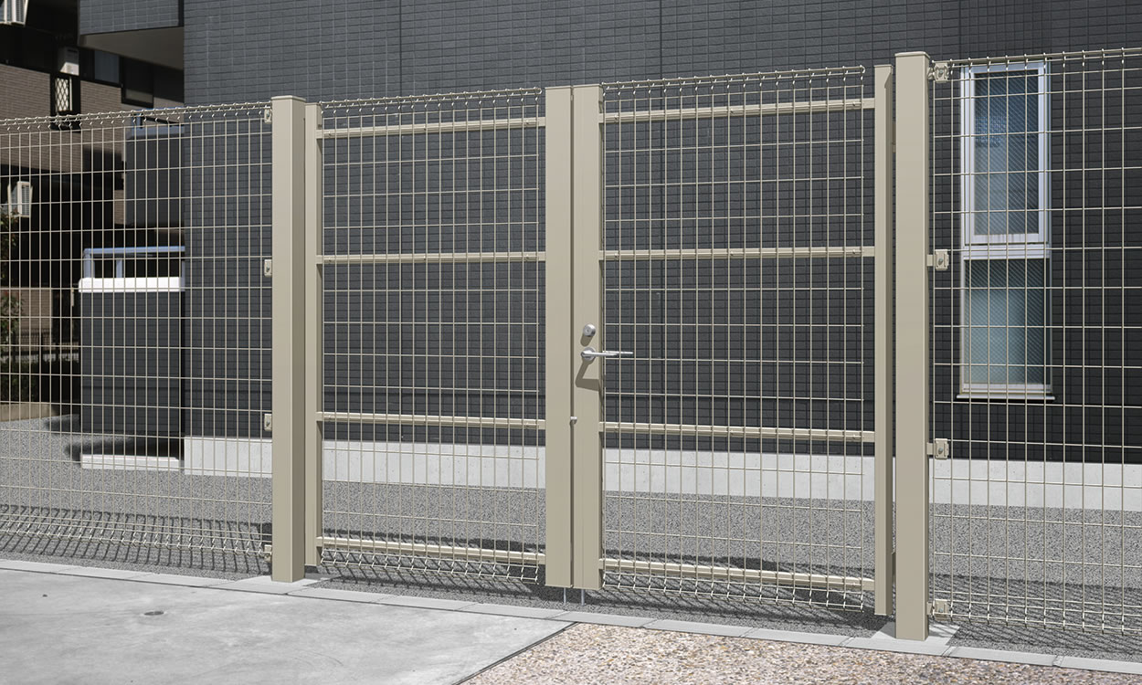 アルミ角型門柱 アーバングレー／2218両開き／Z型フェンス コーディネイト例　三協アルミ　門・フェンスまわり　フェンス・スクリーン　目隠し　モダン　おしゃれ　エクステリア　愛知・名古屋の外構専門店パートナーホームのエクステリア　スチールメッシュ　製品一覧　ユメッシュZ型門扉　|パートナーホーム