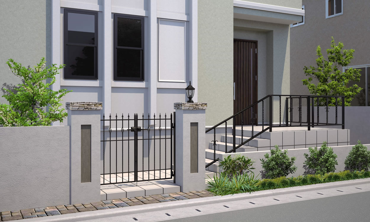 埋め込み支柱 ブラック（KC）／埋め込み支柱／洋風たて桟取り付け仕様　三協アルミ　門・フェンスまわり　目隠し　モダン　おしゃれ　エクステリア　愛知・名古屋の外構専門店パートナーホームのエクステリア　製品一覧　歩行者用補助手すり　ジーエムライン|パートナーホーム