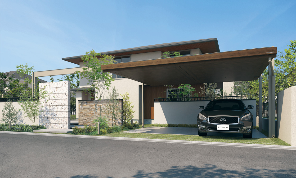 前面フレームは迫力の12mフレームでカースペースからアプローチまでをカバー。 スッキリとした開放感で出入庫時に柱を気にする必要もありません。 また、プレミアムタイプの木調屋根が空間を引き締め、落ち着きのあるものにしています。　三協アルミ　車庫まわり　カーポート　モダン　おしゃれ　エクステリア　愛知・名古屋の外構専門店パートナーホームのエクステリア　製品一覧　カーポート　U.スタイル アゼスト|パートナーホーム