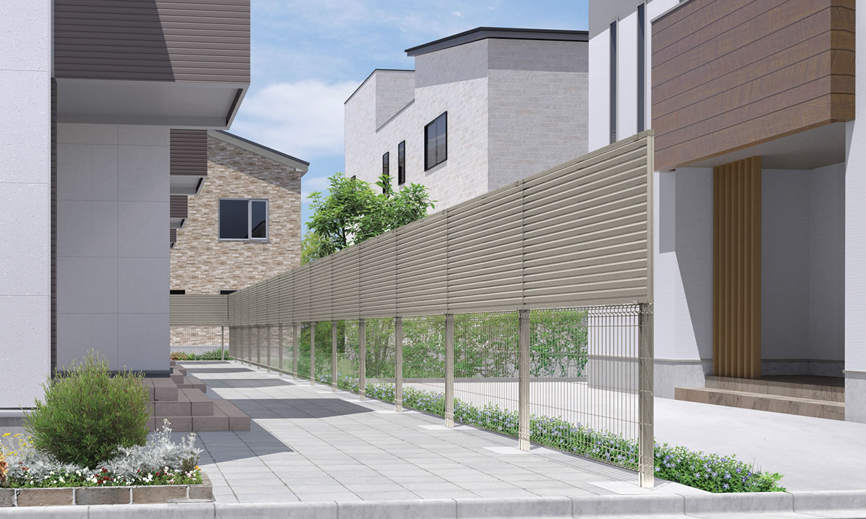 1型（横目隠しルーバー） アーバングレー　三協アルミ　門・フェンスまわり　フェンス・スクリーン　目隠し　モダン　おしゃれ　エクステリア　愛知・名古屋の外構専門店パートナーホームのエクステリア　製品一覧 スチールメッシュ　ユメッシュプラス　上目隠しタイプ|パートナーホーム