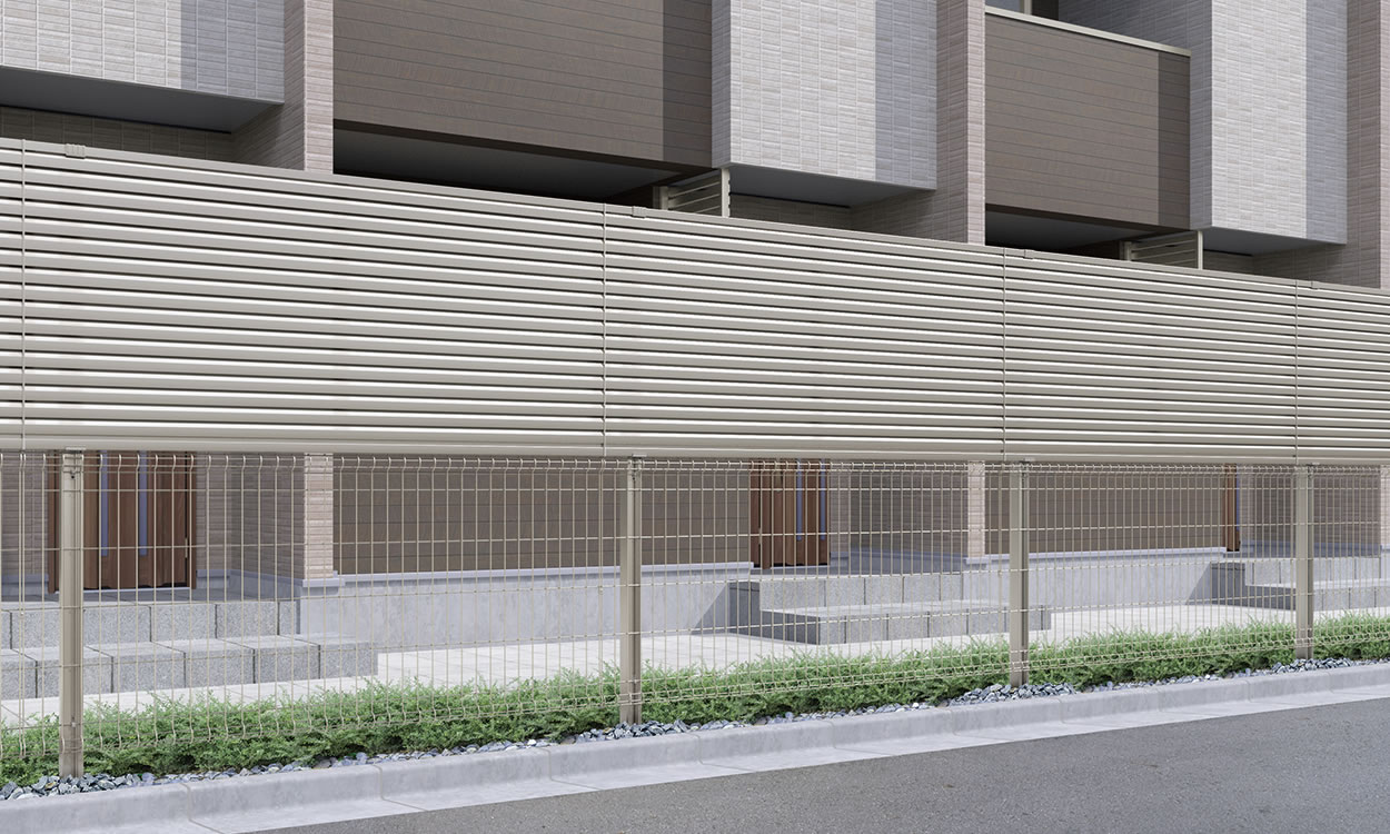 1型（横目隠しルーバー） アーバングレー　三協アルミ　門・フェンスまわり　フェンス・スクリーン　目隠し　モダン　おしゃれ　エクステリア　愛知・名古屋の外構専門店パートナーホームのエクステリア　製品一覧 スチールメッシュ　ユメッシュプラス　上目隠しタイプ|パートナーホーム