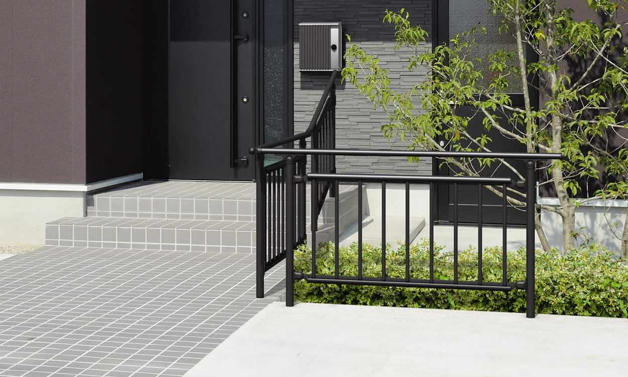 エトランポS1型　上部笠木納まり ブラック／埋め込み支柱／たて格子パネル取り付け仕様　三協アルミ　玄関アプローチ　門・フェンスまわり　モダン　おしゃれ　エクステリア　愛知・名古屋の外構専門店パートナーホームのエクステリア　製品一覧　歩行者用補助手すり　エトランポS・エトランポU|パートナーホーム