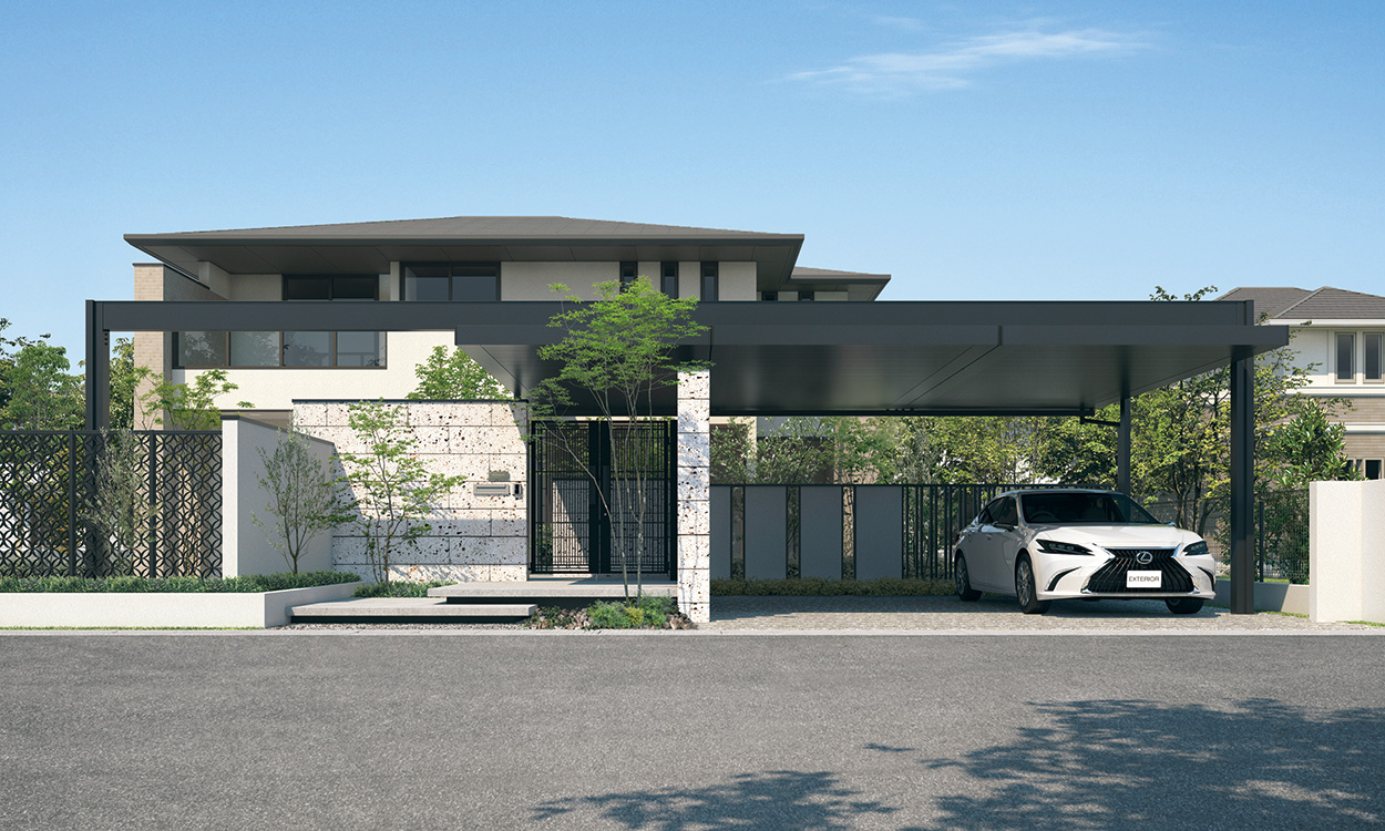 2台駐車のカースペースとアプローチ屋根としてプレミアムタイプの屋根を間口方向に3連結させたプランです。 フレーム・屋根枠・天井材をオールブラックでまとめた、シックでありながら重厚で風格のある外観を演出しています。　三協アルミ　車庫まわり　カーポート　モダン　おしゃれ　エクステリア　愛知・名古屋の外構専門店パートナーホームのエクステリア　製品一覧　カーポート　U.スタイル アゼスト|パートナーホーム