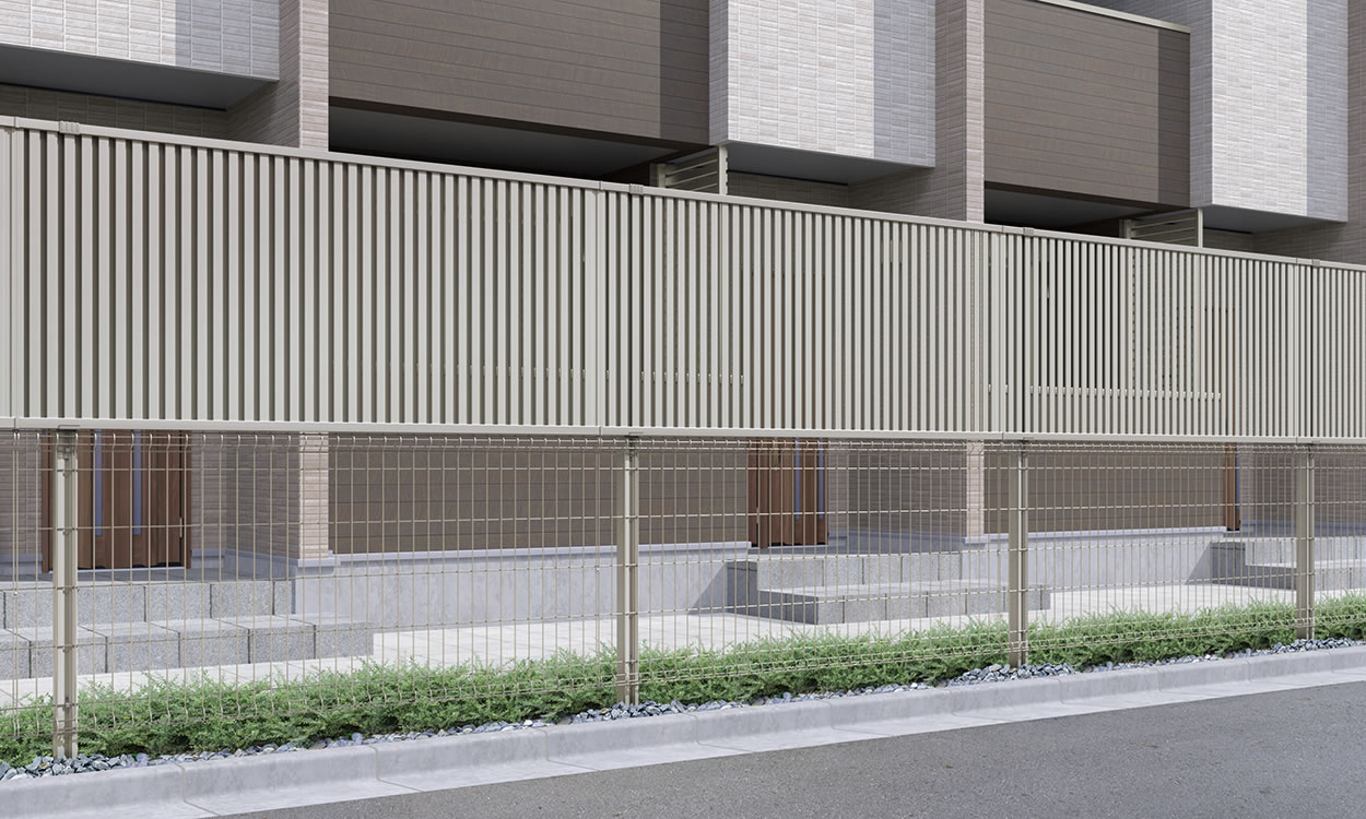2型（たて目隠しルーバー） アーバングレー　三協アルミ　門・フェンスまわり　フェンス・スクリーン　目隠し　モダン　おしゃれ　エクステリア　愛知・名古屋の外構専門店パートナーホームのエクステリア　製品一覧 スチールメッシュ　ユメッシュプラス　上目隠しタイプ|パートナーホーム