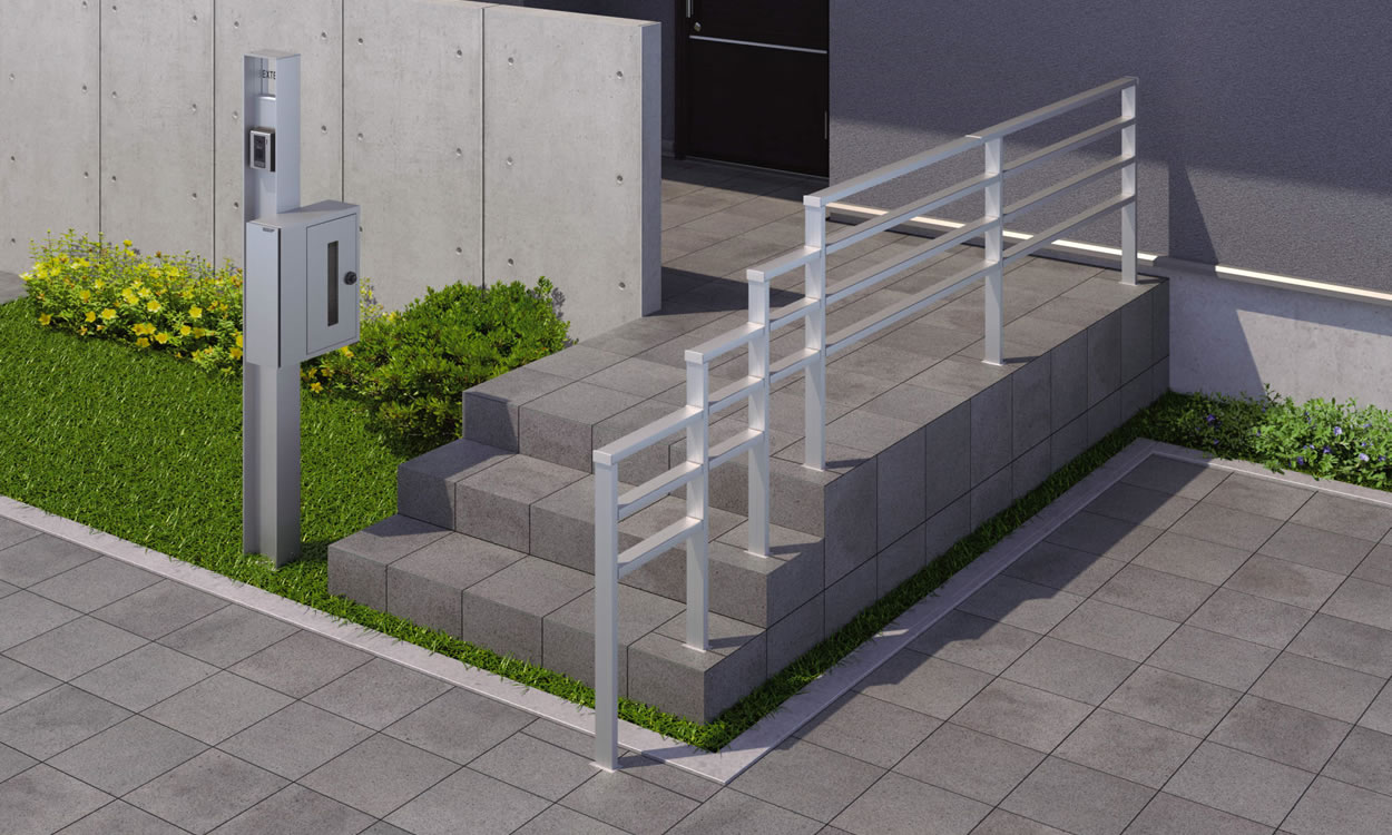 埋め込み支柱 アーバングレー（UC）／埋め込み支柱／横桟取り付け仕様　三協アルミ　門・フェンスまわり　目隠し　モダン　おしゃれ　エクステリア　愛知・名古屋の外構専門店パートナーホームのエクステリア　製品一覧　歩行者用補助手すり　ジーエムライン|パートナーホーム