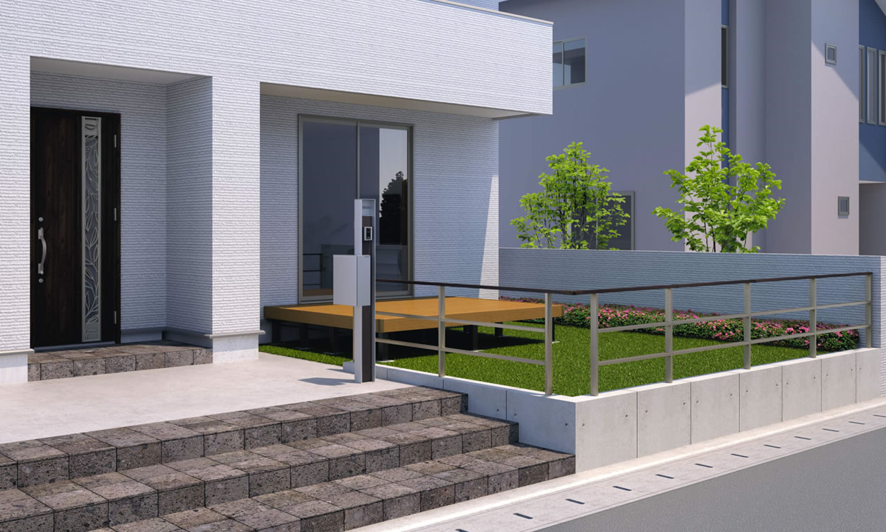 ブロック納まり用支柱 ビターグレイン（HG）・アーバングレー（UC）／ブロック納まり用支柱／横桟取り付け仕様　三協アルミ　門・フェンスまわり　目隠し　モダン　おしゃれ　エクステリア　愛知・名古屋の外構専門店パートナーホームのエクステリア　製品一覧　歩行者用補助手すり　ジーエムライン|パートナーホーム