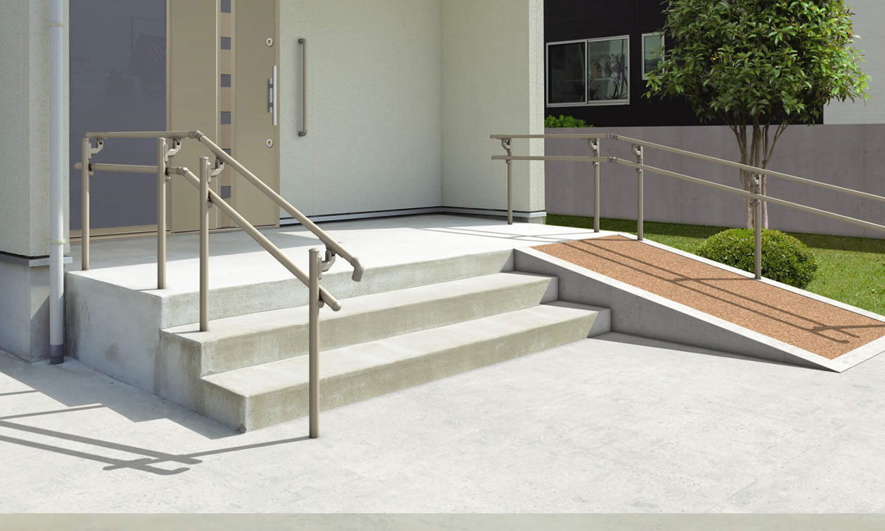 エトランポS1型　フロント笠木納まり アーバングレー／埋め込み支柱／横バー取り付け仕様／動作補助手すり　三協アルミ　玄関アプローチ　門・フェンスまわり　モダン　おしゃれ　エクステリア　愛知・名古屋の外構専門店パートナーホームのエクステリア　製品一覧　歩行者用補助手すり　エトランポS・エトランポU|パートナーホーム