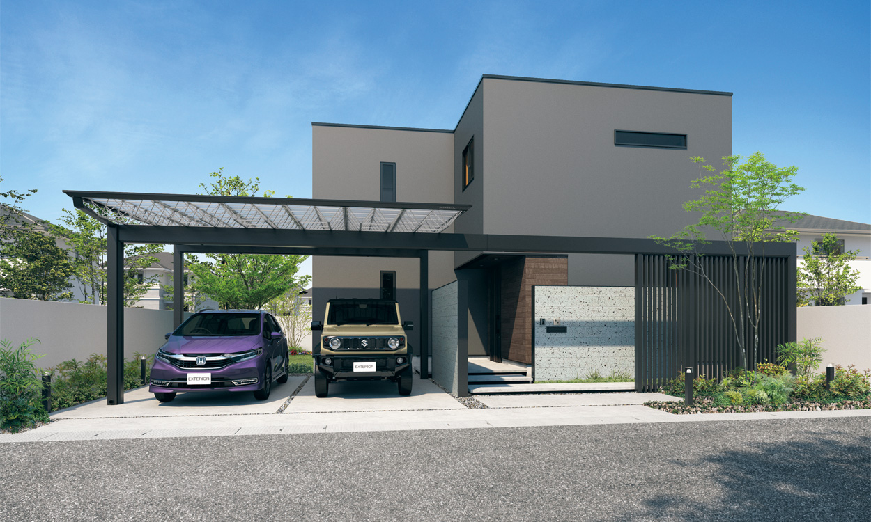 ファサード全面をカバーする大型フレームで一体感を高め シンプルな住宅スタイルをグレードアップ。 敷地形状に合わせ、間口12mのフレームをもちいたプランです。M.シェードIIやフレームに取り付けたデザインユニット（四角格子）と他のファサードアイテムの組み合わせで、奥行感のある上質な空間を創出。夜間はライトアップでトラス屋根がより存在感を放ちます。　三協アルミ　車庫まわり　カーポート　モダン　おしゃれ　エクステリア　愛知・名古屋の外構専門店パートナーホームのエクステリア　製品一覧　カーポート　M.シェードⅡ　梁置きタイプ|パートナーホーム