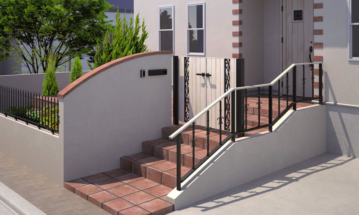 埋め込み支柱 シルキーノーチェ（YN）・ブラック（KC）／埋め込み支柱／洋風たて桟取り付け仕様　三協アルミ　門・フェンスまわり　目隠し　モダン　おしゃれ　エクステリア　愛知・名古屋の外構専門店パートナーホームのエクステリア　製品一覧　歩行者用補助手すり　ジーエムライン|パートナーホーム