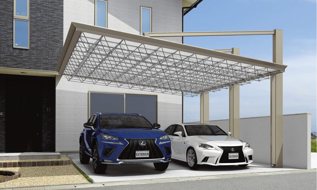 背面支持スタイルが可能にする横向き設置で片側支持のワイドサイズを実現。 2台駐車用サイズの上吊りタイプを横向きに設置したプランです。片側にしか柱がないため、車からの見通しが良く、車の出し入れがしやすい広々としたカースペースを実現しています。玄関への動線もスムーズです。　三協アルミ　車庫まわり　カーポート　モダン　おしゃれ　エクステリア　愛知・名古屋の外構専門店パートナーホームのエクステリア　製品一覧　カーポート　M.シェードⅡ上吊りタイプ　施工イメージ|パートナーホーム