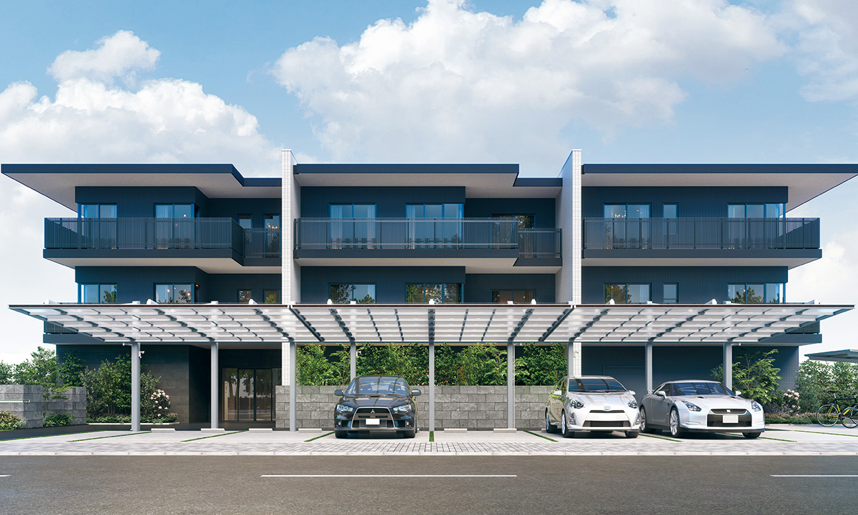 ワイドな3連結タイプを集合住宅に設置したプランです。屋根のフラットなラインが住宅外観とスタイリッシュに調和し、背面支持なので乗り降りの邪魔になりません。　三協アルミ　車庫まわり　カーポート　モダン　おしゃれ　エクステリア　愛知・名古屋の外構専門店パートナーホームのエクステリア　製品一覧　カーポート　ダブルフェース　施工イメージ|パートナーホーム