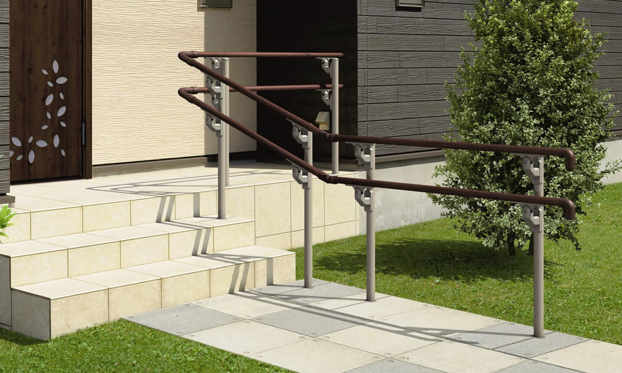 エトランポS2型　フロント笠木納まり トラッドパイン・アーバングレー／埋め込み支柱／2段笠木仕様　三協アルミ　玄関アプローチ　門・フェンスまわり　モダン　おしゃれ　エクステリア　愛知・名古屋の外構専門店パートナーホームのエクステリア　製品一覧　歩行者用補助手すり　エトランポS・エトランポU|パートナーホーム