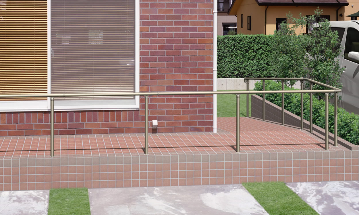 エトランポU1型　上部笠木納まり アーバングレー／埋め込み支柱／1段笠木仕様　三協アルミ　玄関アプローチ　門・フェンスまわり　モダン　おしゃれ　エクステリア　愛知・名古屋の外構専門店パートナーホームのエクステリア　製品一覧　歩行者用補助手すり　エトランポS・エトランポU|パートナーホーム