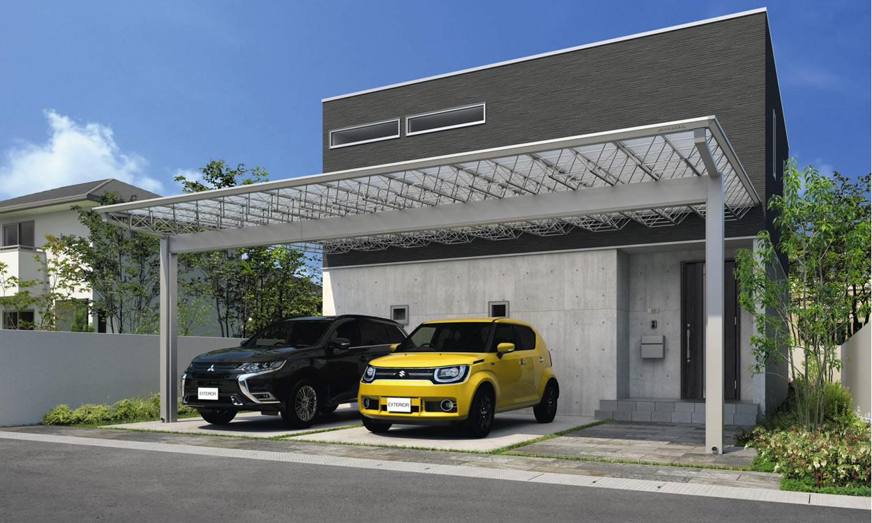 2台駐車＋アプローチ全体をカバーし、雨の日の乗り降りも快適なファサード空間に。 3台駐車用のM.シェードIIを使って、カースペースからアプローチ全体を大きな屋根でカバー。壁付け両側支持タイプにより、柱本数を最小限に抑えることができるのも魅力です。　三協アルミ　車庫まわり　カーポート　モダン　おしゃれ　エクステリア　愛知・名古屋の外構専門店パートナーホームのエクステリア　製品一覧　カーポート　M.シェードⅡ　梁置きタイプ|パートナーホーム
