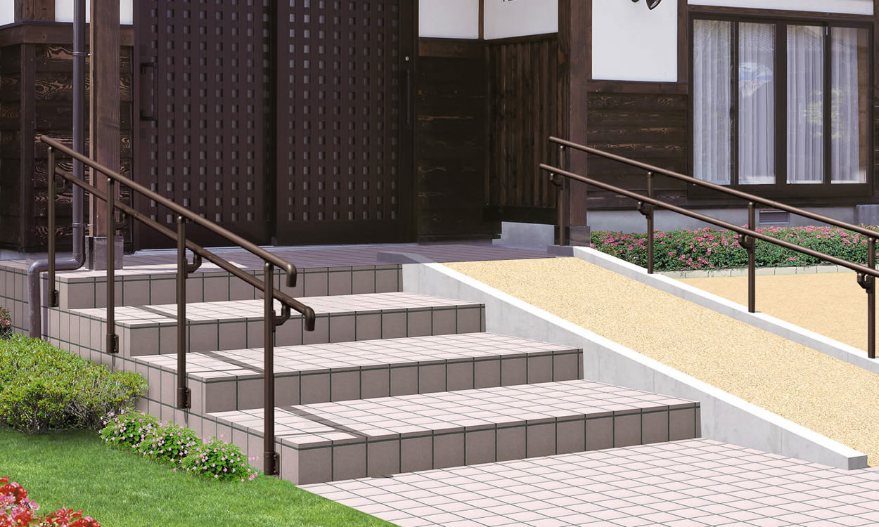 エトランポU1型　上部笠木納まり ダークブロンズ／ベースプレート支柱（側面タイプ）＋埋め込み支柱／2段笠木仕様　三協アルミ　玄関アプローチ　門・フェンスまわり　モダン　おしゃれ　エクステリア　愛知・名古屋の外構専門店パートナーホームのエクステリア　製品一覧　歩行者用補助手すり　エトランポS・エトランポU|パートナーホーム