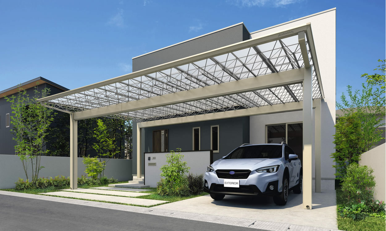 住まいの形状に合わせ 入隅納まりにより一体感を高めたプラン。 凹凸のある建物に対し、異なる2サイズの屋根を組み合わせた入隅納まりで対応。すき間隠しカバーにより建物とつながり、屋根のあるフロントヤードで一体感のあるファサードを実現しています。　三協アルミ　車庫まわり　カーポート　モダン　おしゃれ　エクステリア　愛知・名古屋の外構専門店パートナーホームのエクステリア　製品一覧　カーポート　M.シェードⅡ　梁置きタイプ|パートナーホーム