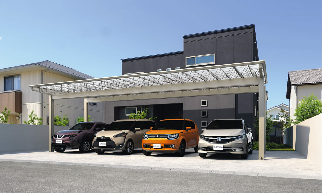 4台入庫を可能にする大型カーポートプラン。 最大4台入庫が可能な間口10mの大型スタイルで、住まいの前面スペースをカバーしたプランです。迫力の屋根サイズに繊細なトラスが空間をモダンに演出。出庫時には魅力のオープンスペースとして用途も多彩です。　三協アルミ　車庫まわり　カーポート　モダン　おしゃれ　エクステリア　愛知・名古屋の外構専門店パートナーホームのエクステリア　製品一覧　カーポート　M.シェードⅡ　梁置きタイプ|パートナーホーム