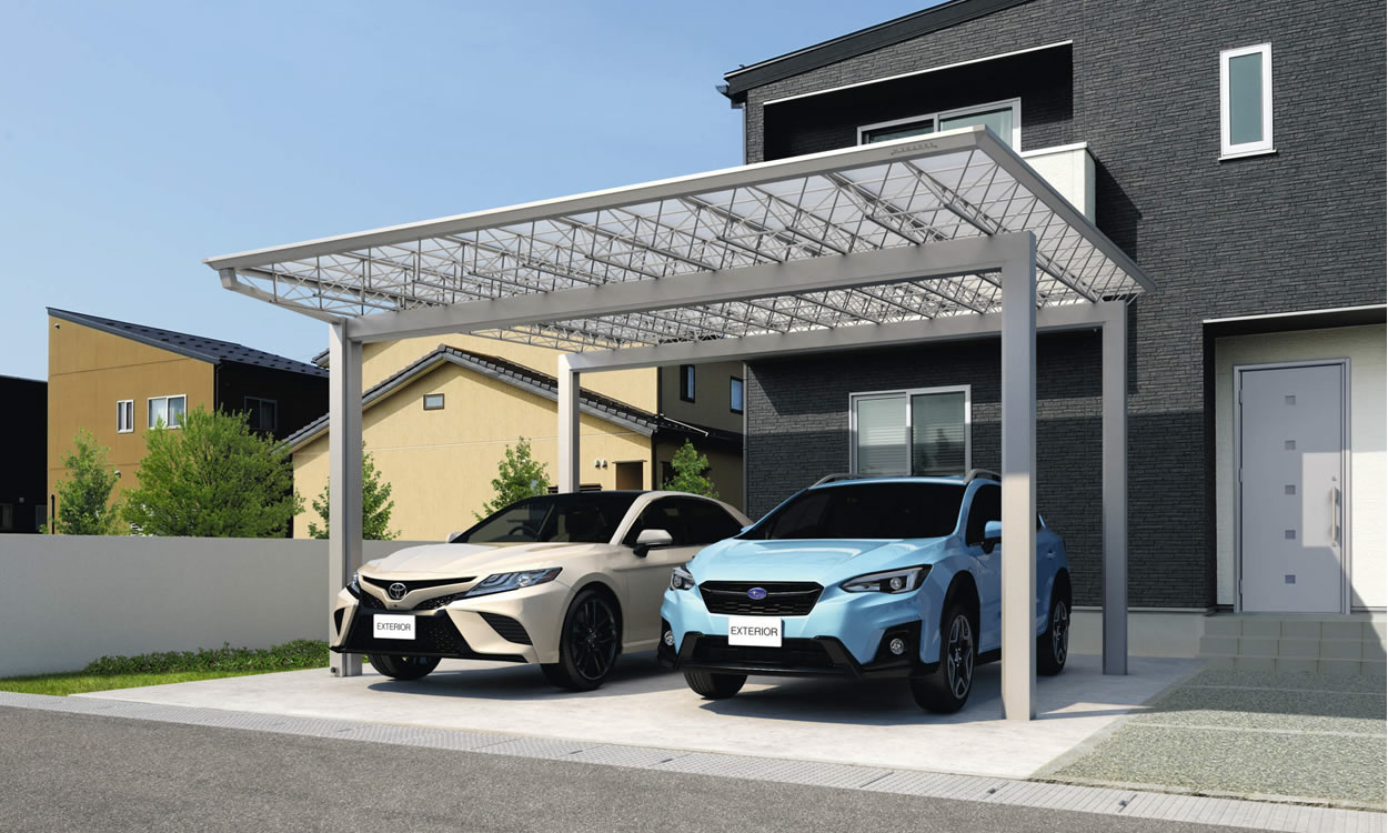 オーソドックスなスタイルのカーポートプラン。 カースペースに映える個性的スタイルでフロント ヤードを演出。シンプルな構成ながら、トラスデザインとサンシルバー色がアクセントとなり空間に映え、スタイリッシュでモダンな印象を与えています。　三協アルミ　車庫まわり　カーポート　モダン　おしゃれ　エクステリア　愛知・名古屋の外構専門店パートナーホームのエクステリア　製品一覧　カーポート　M.シェードⅡ　梁置きタイプ|パートナーホーム