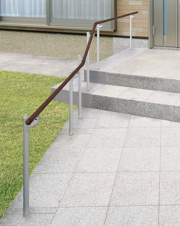 エトランポU2型　フロント笠木納まり トラッドパイン・サンシルバー／埋め込み支柱／1段笠木仕様　三協アルミ　玄関アプローチ　門・フェンスまわり　モダン　おしゃれ　エクステリア　愛知・名古屋の外構専門店パートナーホームのエクステリア　製品一覧　歩行者用補助手すり　エトランポS・エトランポU|パートナーホーム