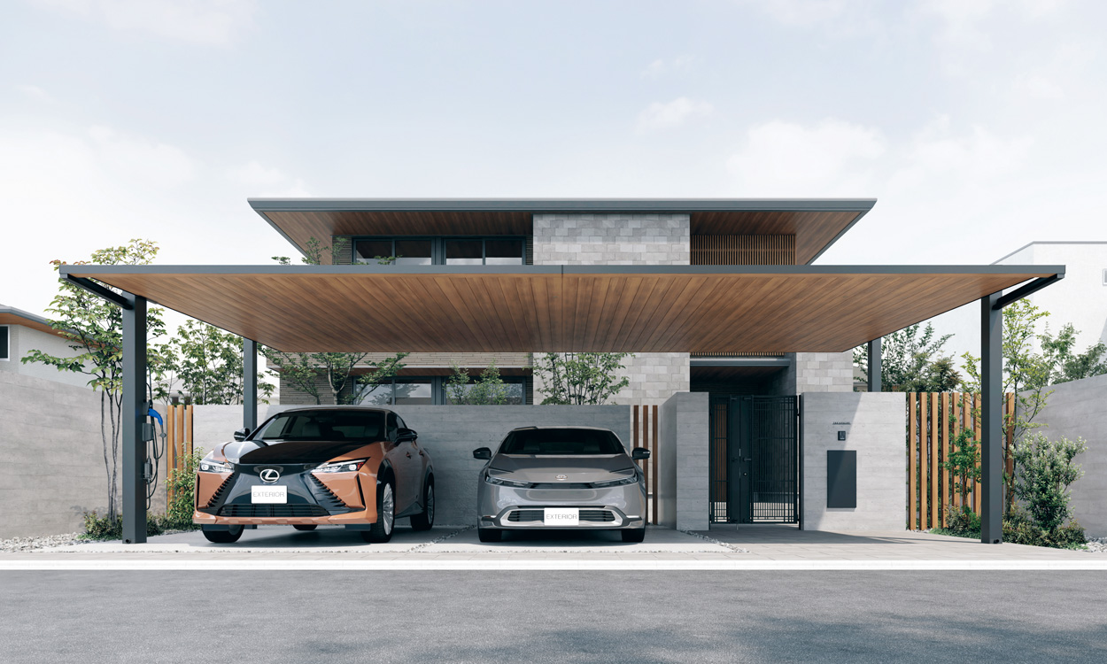 基本タイプ＋EVユニット フレーム（柱・梁）：ブラック（KC）／屋根：ブラック（KC）（天井材：クラフトチェリー（YC））／5790／H25／EVユニット（オプション）　三協アルミ　車庫まわり　カーポート　モダン　おしゃれ　エクステリア　愛知・名古屋の外構専門店パートナーホームのエクステリア　製品一覧　FⅡ-RW（両側支持EVタイプ）|パートナーホーム