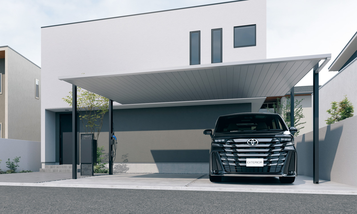 基本タイプ＋EVユニット フレーム（柱・梁）：ブラック（KC）／屋根：サンシルバー（SLC）／5060／H25／EVユニット（オプション）　三協アルミ　車庫まわり　カーポート　モダン　おしゃれ　エクステリア　愛知・名古屋の外構専門店パートナーホームのエクステリア　製品一覧　FⅡ-RW（両側支持EVタイプ）|パートナーホーム
