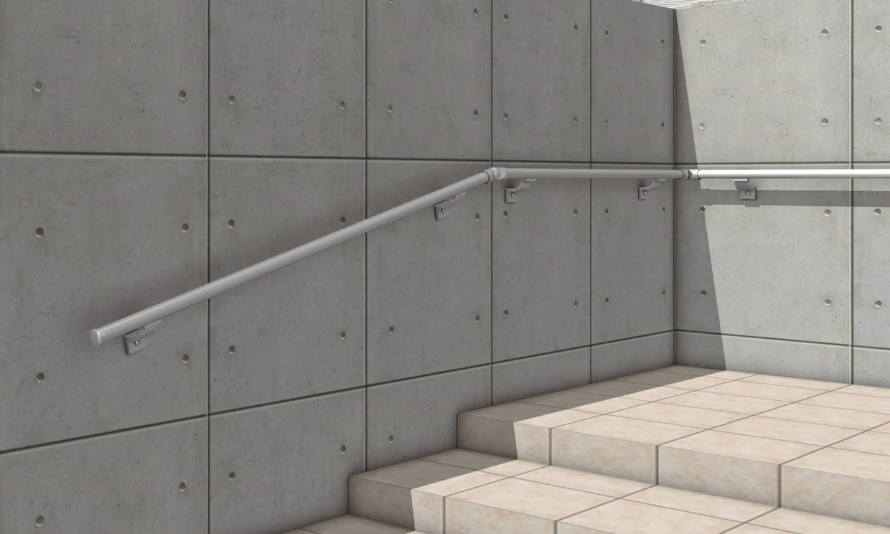 エトランポS1型　動作補助手すり サンシルバー／直付けブラケット（固定式：形材タイプ）　三協アルミ　玄関アプローチ　門・フェンスまわり　モダン　おしゃれ　エクステリア　愛知・名古屋の外構専門店パートナーホームのエクステリア　製品一覧　歩行者用補助手すり　エトランポS・エトランポU|パートナーホーム