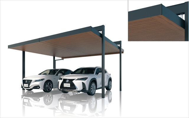 木調の風合いが高級感を演出する天井材 屋根の内側に取り付けた木調の天井材は、室内を感じさせるような特別な空間をつくりだします。 ダークからライトまで幅広いカラーバリエーションで、住まいに合わせたコーディネートが可能です。 三協アルミ　車庫まわり　カーポート　モダン　おしゃれ　エクステリア　愛知・名古屋の外構専門店パートナーホームのエクステリア　製品一覧　カーポート　U.スタイル アゼスト プレミアムタイプ|パートナーホーム