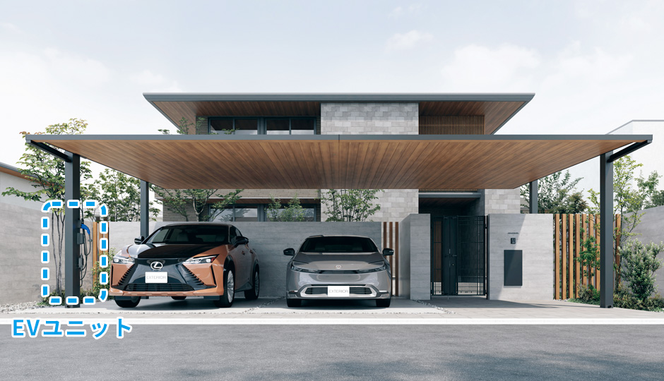 EV/PHEV車充電対応の「EVユニット」 スマートなデザインを損なわずに充電に必要なアイテムの設置が可能です。 三協アルミ　車庫まわり　カーポート　モダン　おしゃれ　エクステリア　愛知・名古屋の外構専門店パートナーホームのエクステリア　製品一覧　FⅡ-RW（両側支持EVタイプ）|パートナーホーム