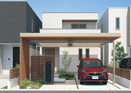 格子の部分使用もできる自由度の高さで、プランの幅が広がります。 敷地に合わせた格子の部分使用でエントランス空間を仕切ったり、アプローチや外構全体のアクセントとしても楽しめます。　三協アルミ　車庫まわり　カーポート　モダン　おしゃれ　エクステリア　愛知・名古屋の外構専門店パートナーホームのエクステリア　製品一覧　カーポート　U.スタイル アゼスト セレクトラインタイプ|パートナーホーム