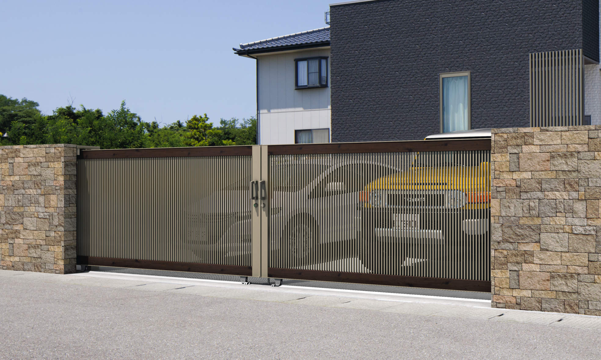トラッドオーク・アーバングレー（FAU） 型番 HLM-M2 形態 手動タイプ／両引きタイプ／0314×2　三協アルミ　車庫まわり　門扉　モダン　おしゃれ　エクステリア　愛知・名古屋の外構専門店パートナーホームのエクステリア　製品一覧　引戸門扉　ラグード|パートナーホーム