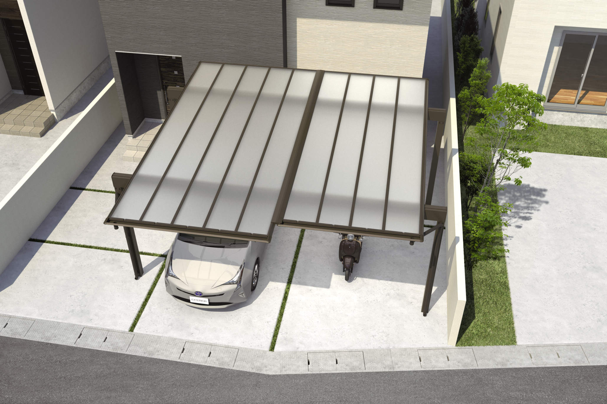 斜めに位置した前面道路に対し、奥行サイズの異なる屋根部の連結により、変形敷地の形状に沿った美しい納まりが可能です。　三協アルミ　車庫まわり　カーポート　モダン　おしゃれ　エクステリア　愛知・名古屋の外構専門店パートナーホームのエクステリア　製品一覧　カーポート　スカイリード　|パートナーホーム