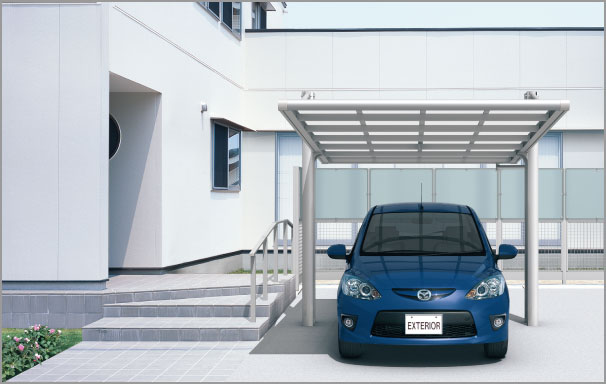 フラットスタイル 住宅外観の水平ラインにもスッキリとフィットします。　三協アルミ　車庫まわり　カーポート　モダン　おしゃれ　エクステリア　愛知・名古屋の外構専門店パートナーホームのエクステリア　製品一覧　カーポート　フォーグ　|パートナーホーム