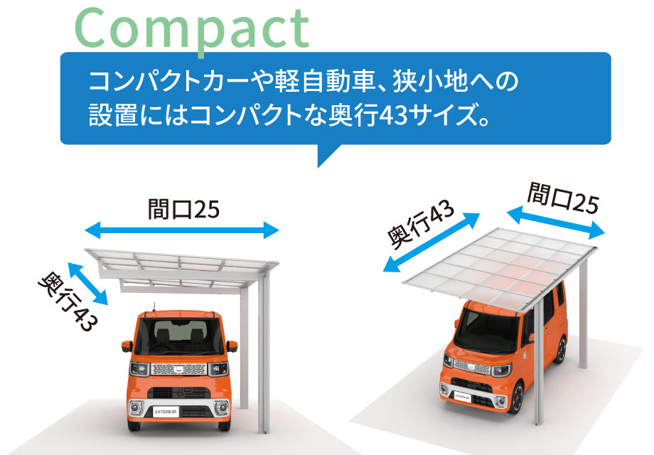 限られた敷地への設置や所有される車が小さめの場合におすすめする、コンパクトなサイズを用意しています。 三協アルミ　車庫まわり　カーポート　モダン　おしゃれ　エクステリア　愛知・名古屋の外構専門店パートナーホームのエクステリア　製品一覧　カーポート　ニューマイリッシュ|パートナーホーム